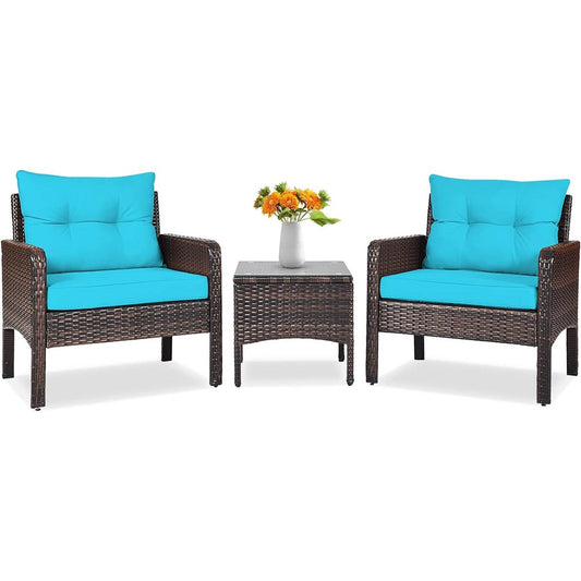 3-Piece Brown PE Rattan Outdoor Patio Furniture Dining Set with Turquoise Cushions