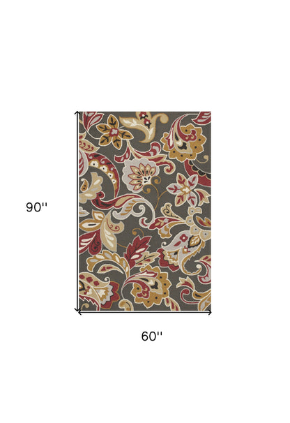 5' X 8' Taupe Floral Indoor Outdoor Area Rug