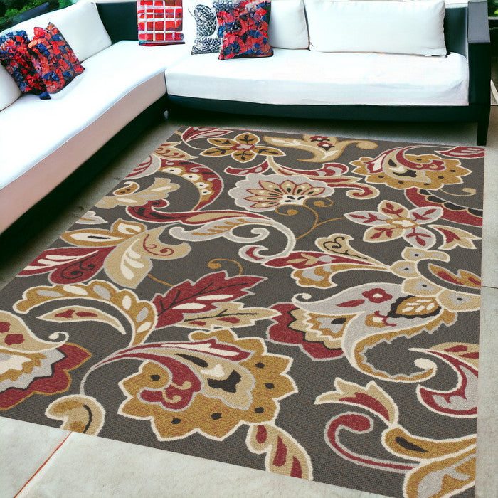 5' X 8' Taupe Floral Indoor Outdoor Area Rug