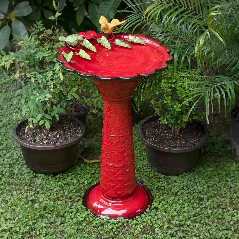 Red Metal Outdoor Garden Patio Birdbath with Decorative Bird and Leaf Figurines