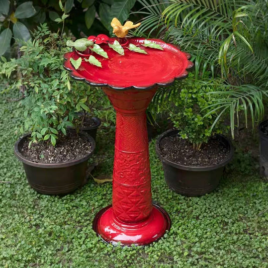 Red Metal Outdoor Garden Patio Birdbath with Decorative Bird and Leaf Figurines