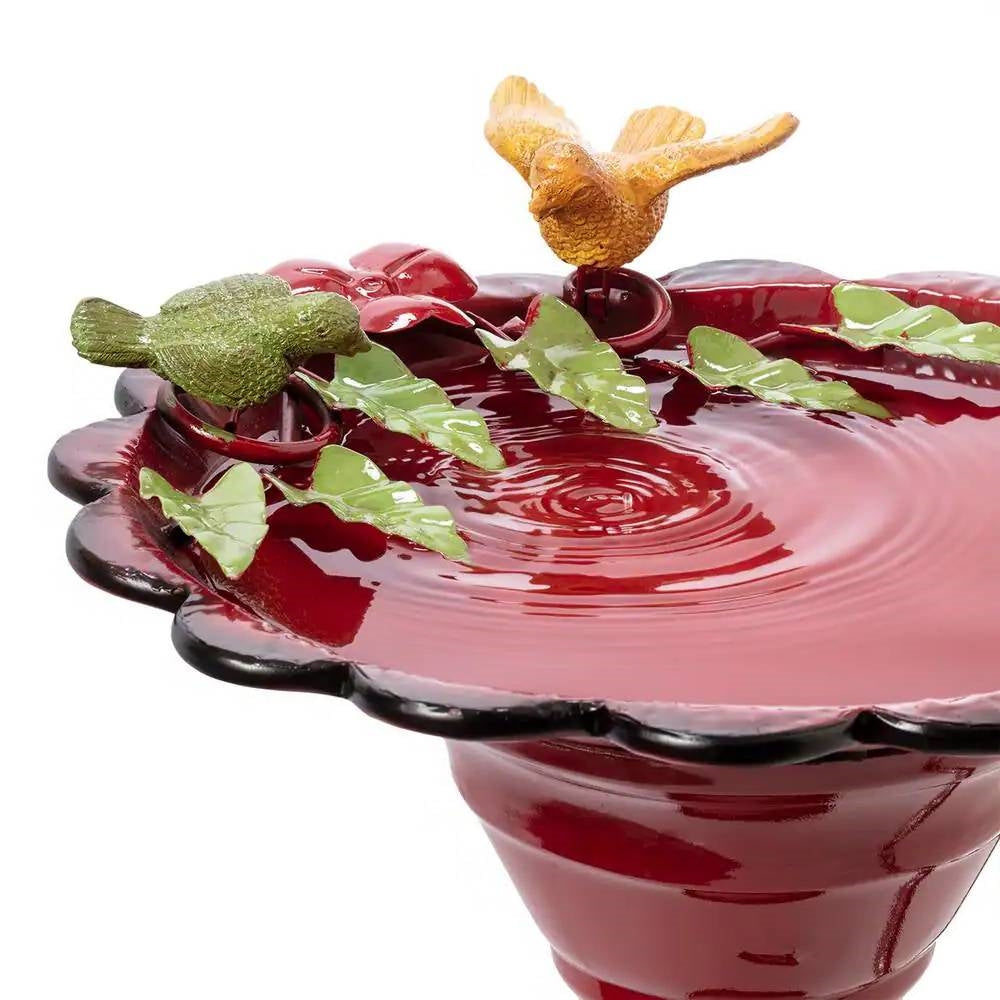 Red Metal Outdoor Garden Patio Birdbath with Decorative Bird and Leaf Figurines