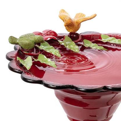 Red Metal Outdoor Garden Patio Birdbath with Decorative Bird and Leaf Figurines
