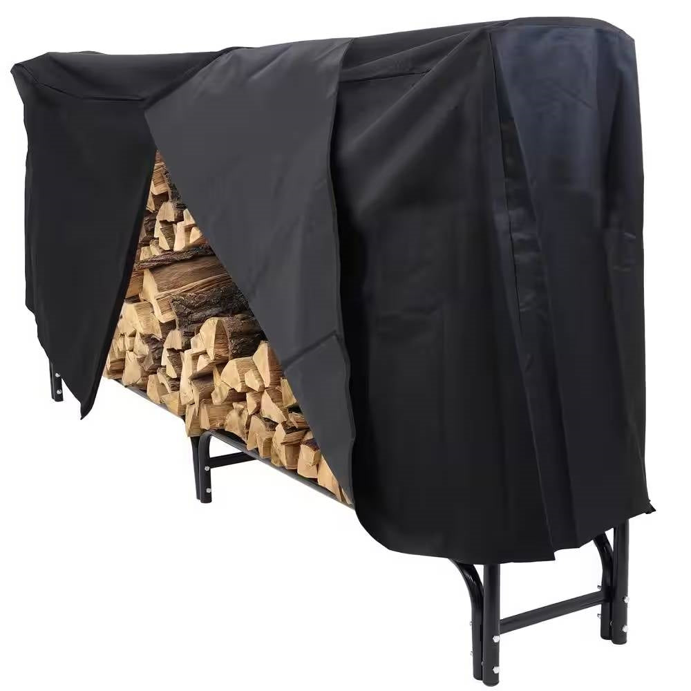 Indoor/Outdoor 8' Black Metal Firewood Rack with Cover