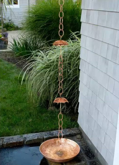 8.5 ft. Copper Umbrella Rain Chain with Optional Basin BUNDLE