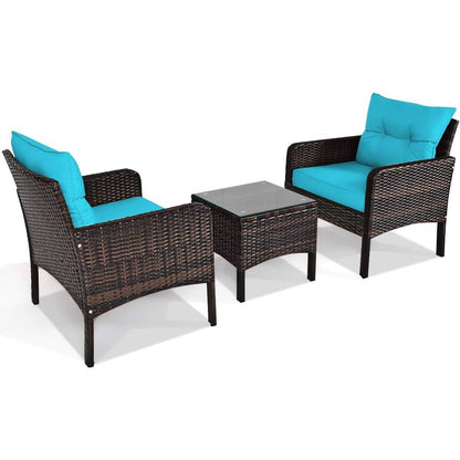 3-Piece Brown PE Rattan Outdoor Patio Furniture Dining Set with Turquoise Cushions