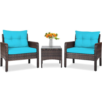 3-Piece Brown PE Rattan Outdoor Patio Furniture Dining Set with Turquoise Cushions