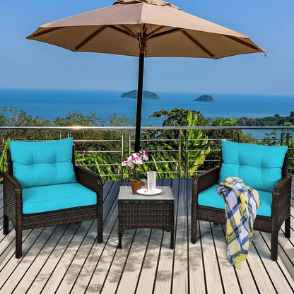 3-Piece Brown PE Rattan Outdoor Patio Furniture Dining Set with Turquoise Cushions