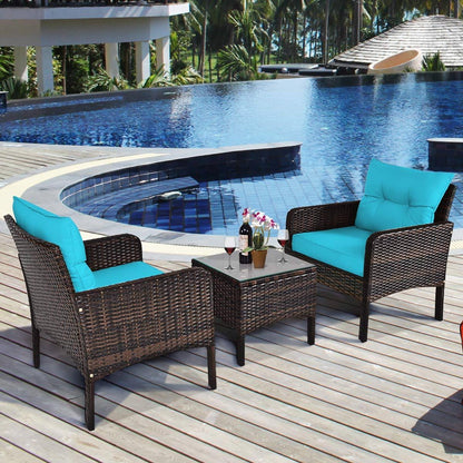 3-Piece Brown PE Rattan Outdoor Patio Furniture Dining Set with Turquoise Cushions