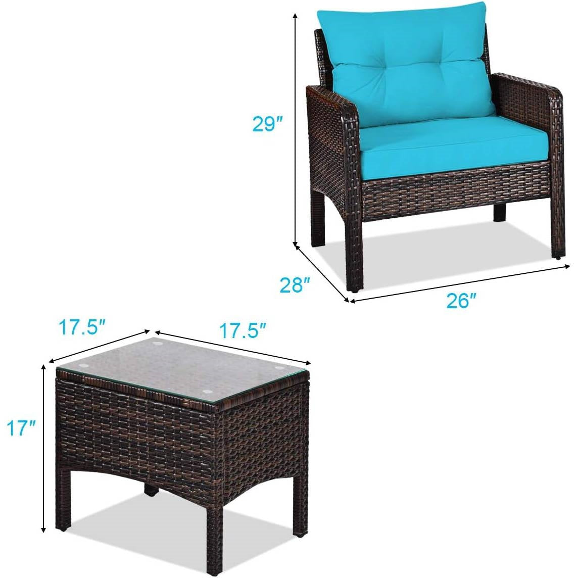3-Piece Brown PE Rattan Outdoor Patio Furniture Dining Set with Turquoise Cushions