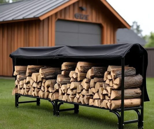 Indoor/Outdoor 8' Black Metal Firewood Rack with Cover