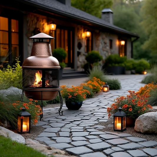 Hammered Copper and Iron Chiminea Fire Pit with Stand