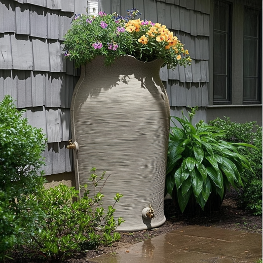 Grey SandStone 50-Gallon Plastic Urn Rain Barrel with Planter Top