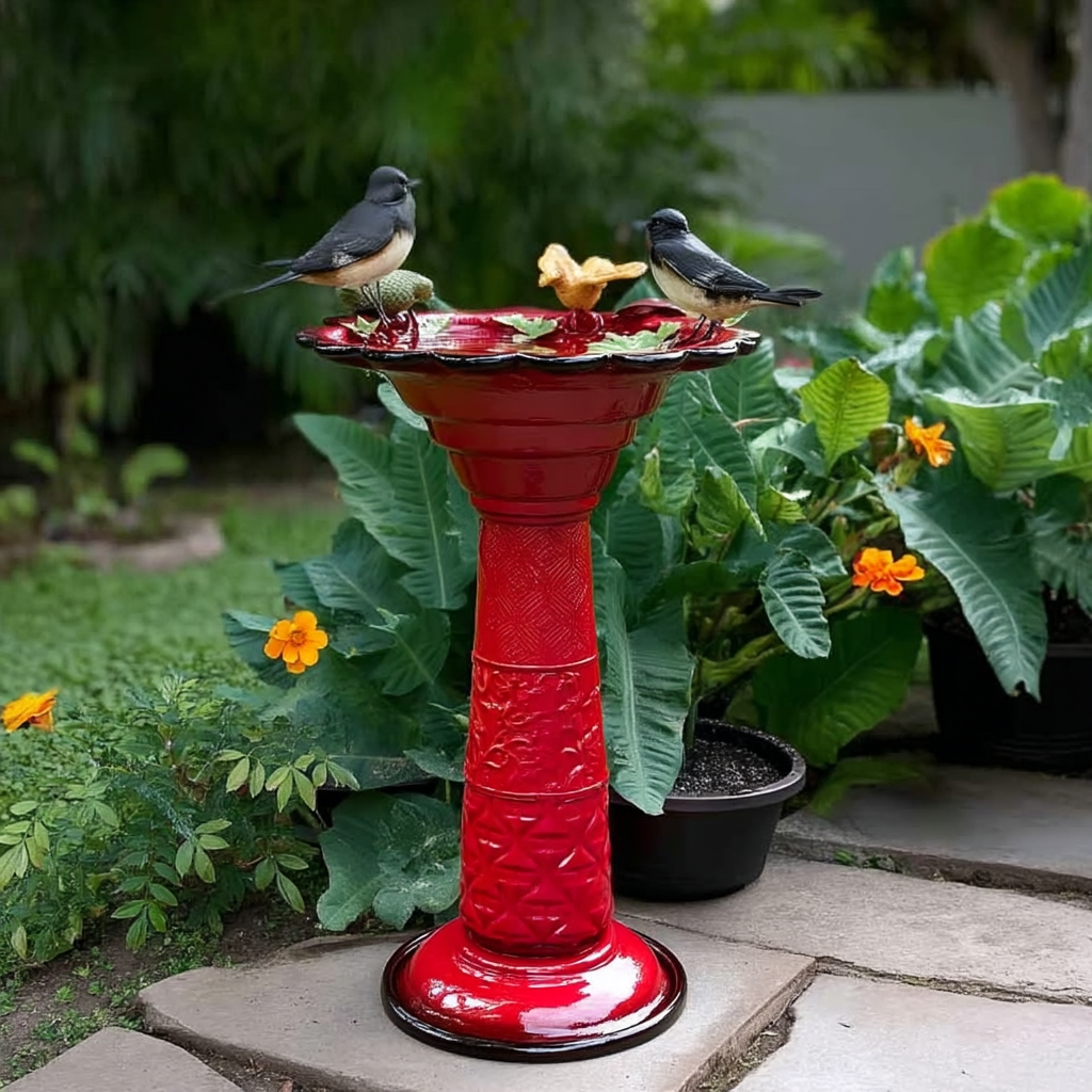 Red Metal Outdoor Garden Patio Birdbath with Decorative Bird and Leaf Figurines